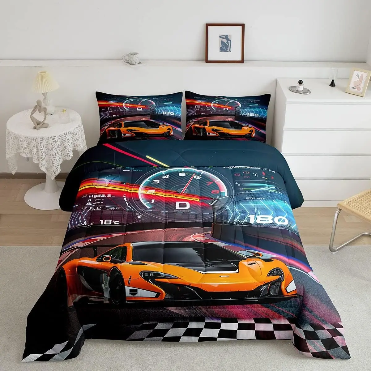 Feelyou Race Car Microfiber Bedding Set - Breathable Duvet, Decorative Quilt, All-Season Use, Cozy Soft Extreme Sports Themed, Available in Twin, Full, Queen, King Sizes, Breathable Duvet Set, Decorative Bedding Set