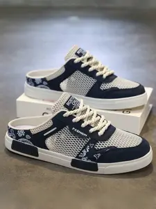 Plus Size Men's Green-Brown Paisley Mule Sneakers, Stylish Light & Breathable Style, Hollowed Mesh + Paisley Paneling + "FASHION" Logo, Breathable & Refreshing, Plus Size Friendly , Ideal for Plus Size Men's Summer Leisure & Light Outings, Walking Shoes