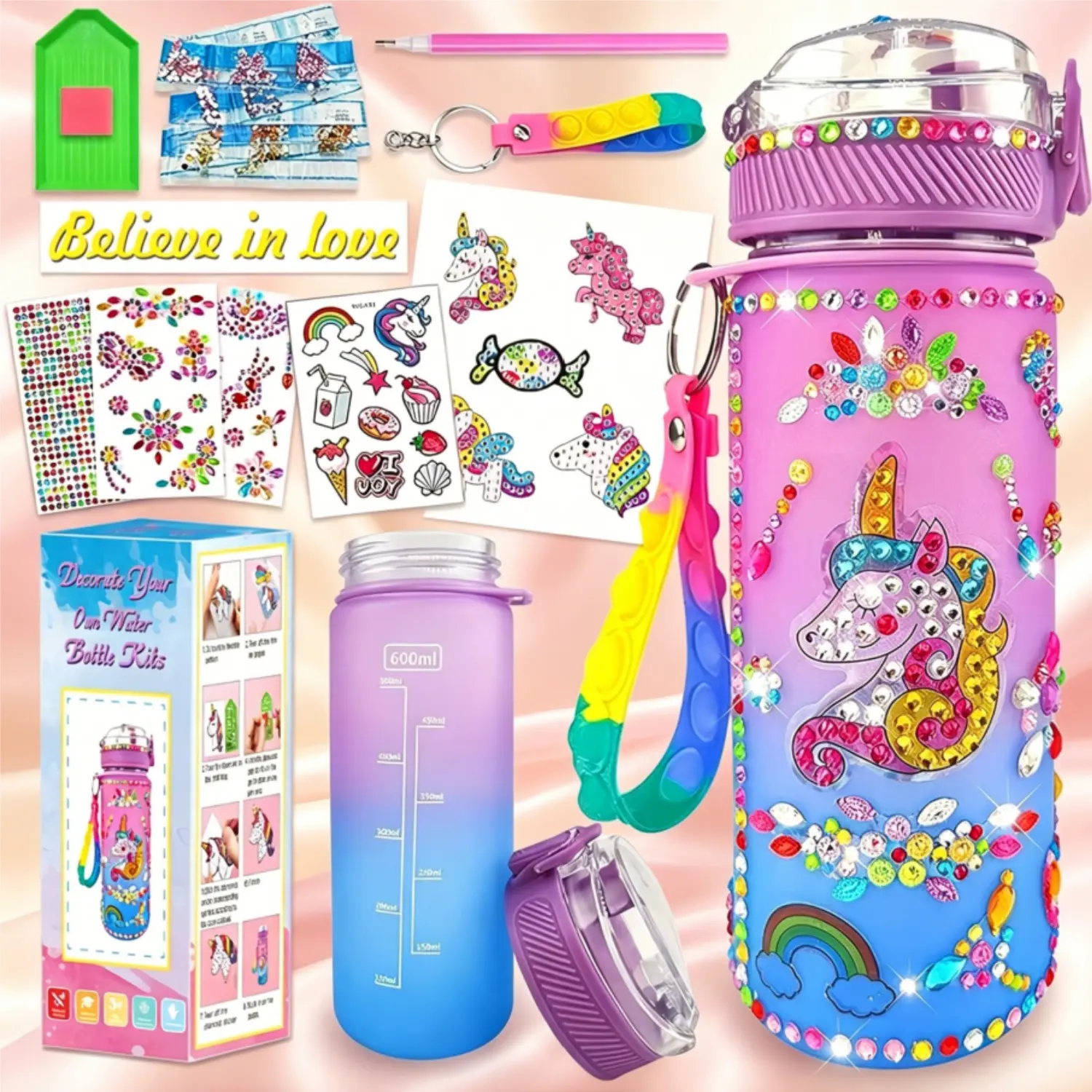 Super Creative Decorate Your Own Water Bottle Kits Colorful Unicorn Gem Diamond Painting Crafts Fun Arts Crafts Gifts for Birthday Creative Diamond Painting Kit Summer Idea Gifts for Girl Fun Handmade DIY Toys