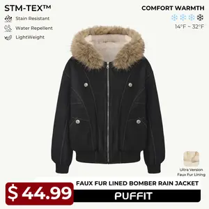 PUFFIT STM-TEX Faux Fur Lined Waterproof Bomber Jacket With Faux Fur Collar Hood,Elegant And Sophisticated,Enhances Warmth, Providing A Soft,Beautiful And Warm, Offering Both Style And Practicality,Y2K Style