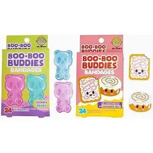 2-Pack Gummy Bears and Frosted Tart + Cinnamon Roll Bandages – 24 Pack each  | Fun Shapes, Waterproof & Latex-Free