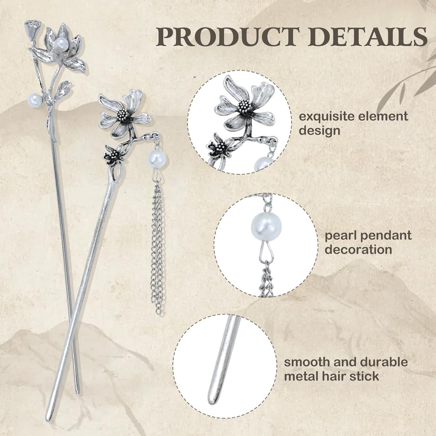 8 PCS Retro Vintage Traditional Hanfu Silvery Metal Flower Hair Sticks with Bead Pendants Bamboo for Lotus Long Hair Chopsticks Forks Bun Updo Holders Hairpins