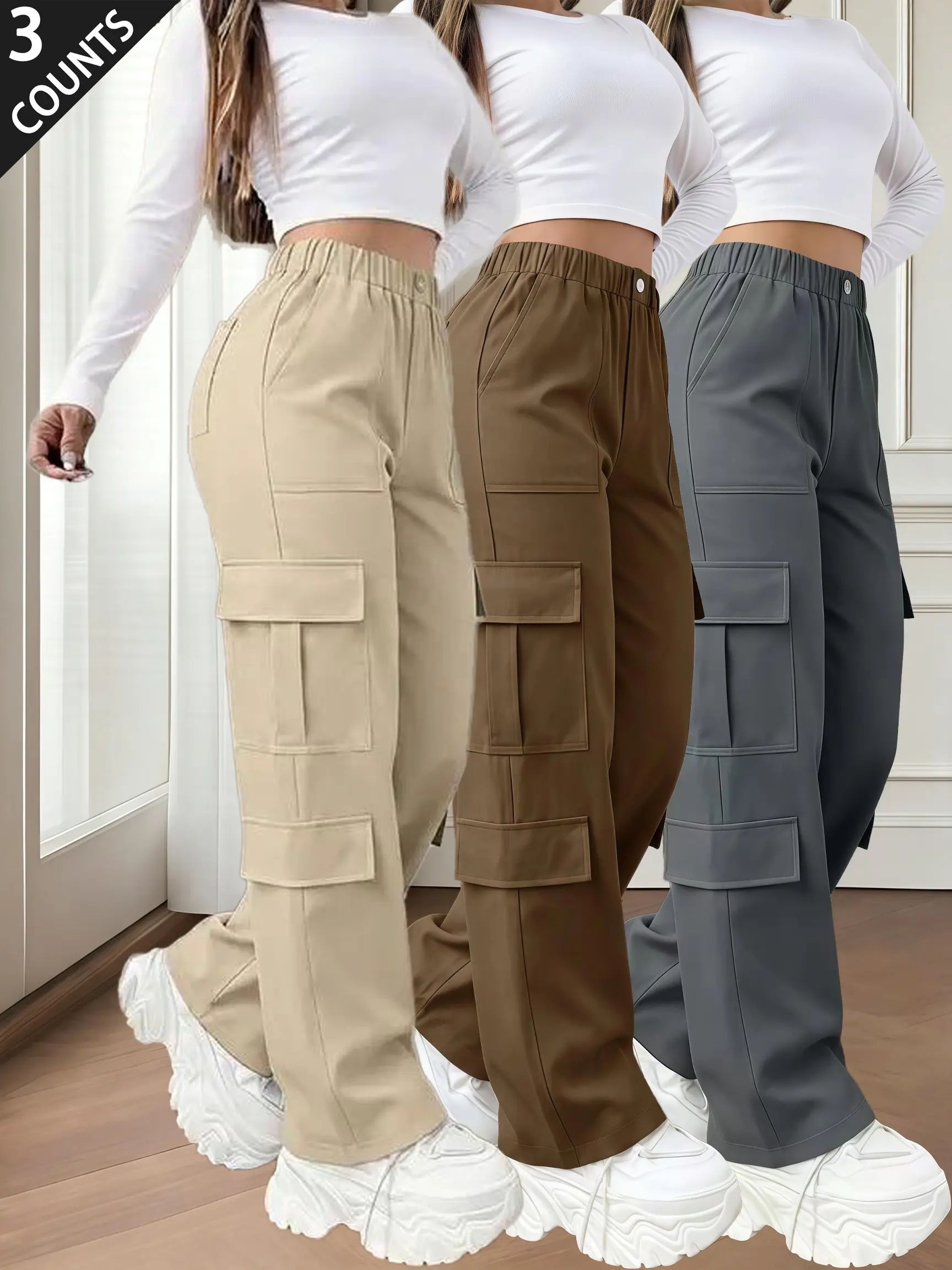 3-Pack Retro Cargo Pants for Women, Comfortable High-Waisted Floor-Length Wide-Leg Bottoms with Side Pockets, Bottom, Polyester