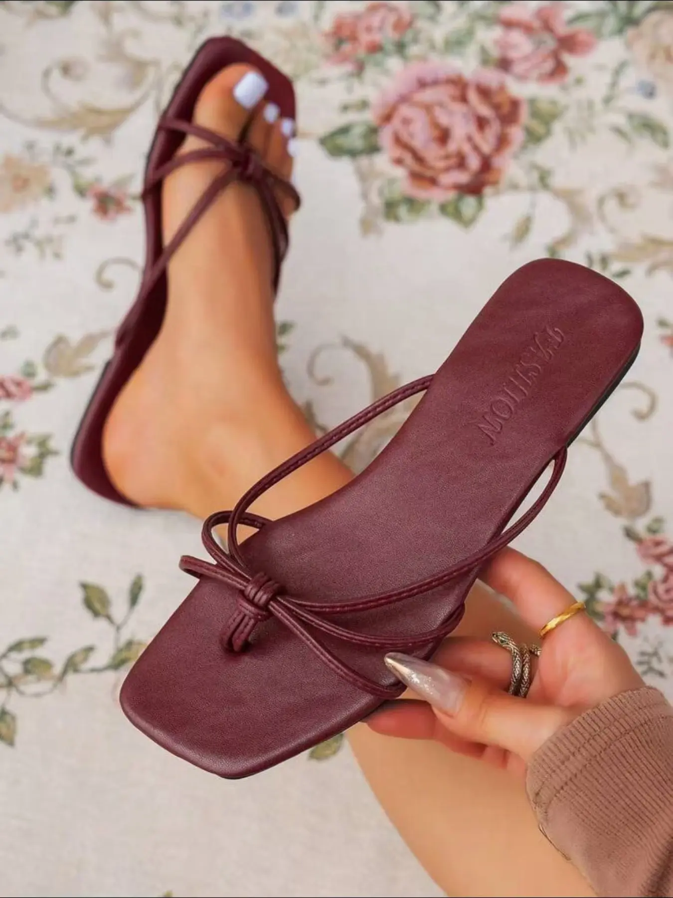Women's Square Toe Thin Strap Sandals, Summer Outdoor Wear Open-Toe Slip-On Casual Beach Shoes, Comfortable Flat Design, Open Toe Slides, Casual Trendy Sandals, Casual Summer Footwear