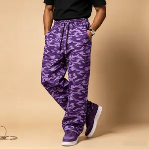 Men's Purple Camo Baggy Cargo Pants, High Waist Straight Leg Street Pants, Wrinkle Resistant Casual Trousers for Skaters, Y2K Fans Alphabet Print Loose Fit Sweatpants Wide Soft Mens Business Golf Pant