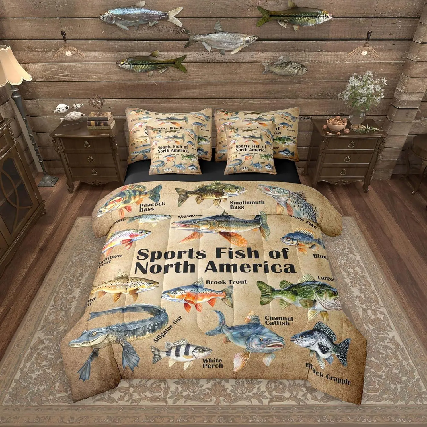 Fishing Comforter Set with Sheets 7 Piece Types of Fish Bed in a Bag Rustic Lakehouse Bedding Set Bedroom Decor Breathable Soft Lightweight Microfiber