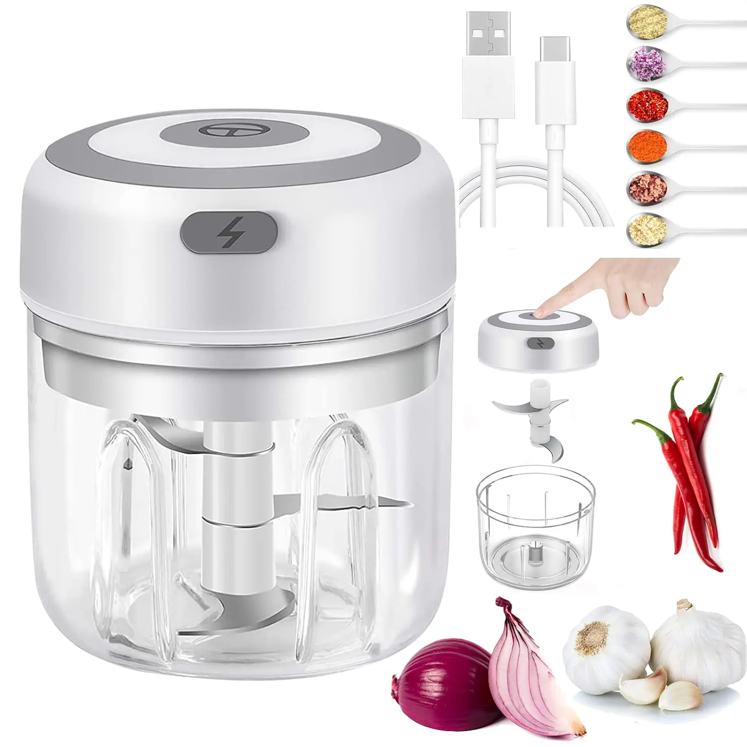 2-Pack 250ML Electric Mini Food Chopper, USB Rechargeable Cordless Garlic Chopper with Stainless Steel Blades, One-Touch Onion Vegetable Mincer for Kitchen & Travel Manual Food Processor