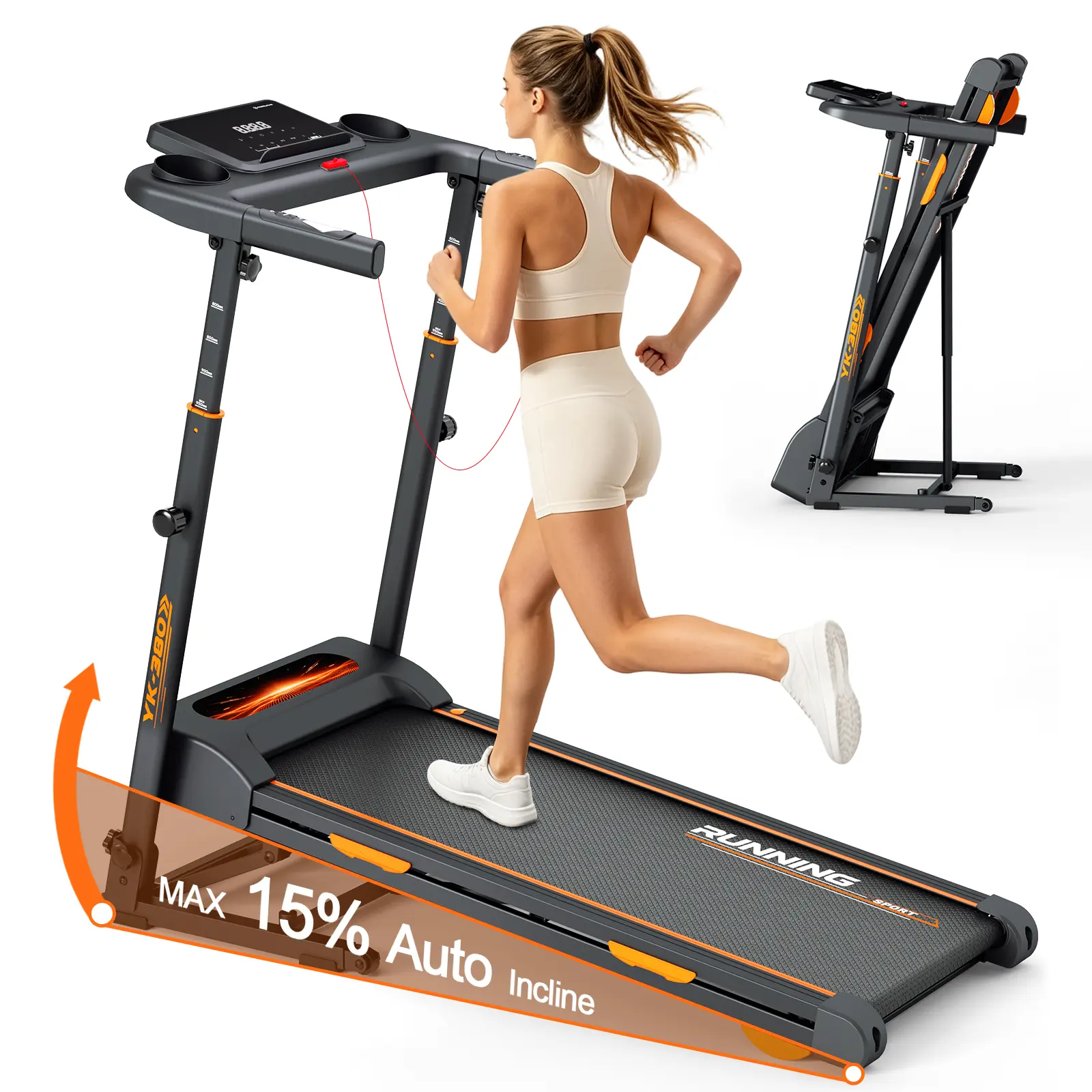 Foldable Home Treadmill with 15% Auto Incline, 3.0HP Silent Brushless Motor, 300 LBS Load Capacity, 3-Level Height Adjustment, Smart APP, Bluetooth Speaker, HD Touch Screen & Heart Rate Monitor