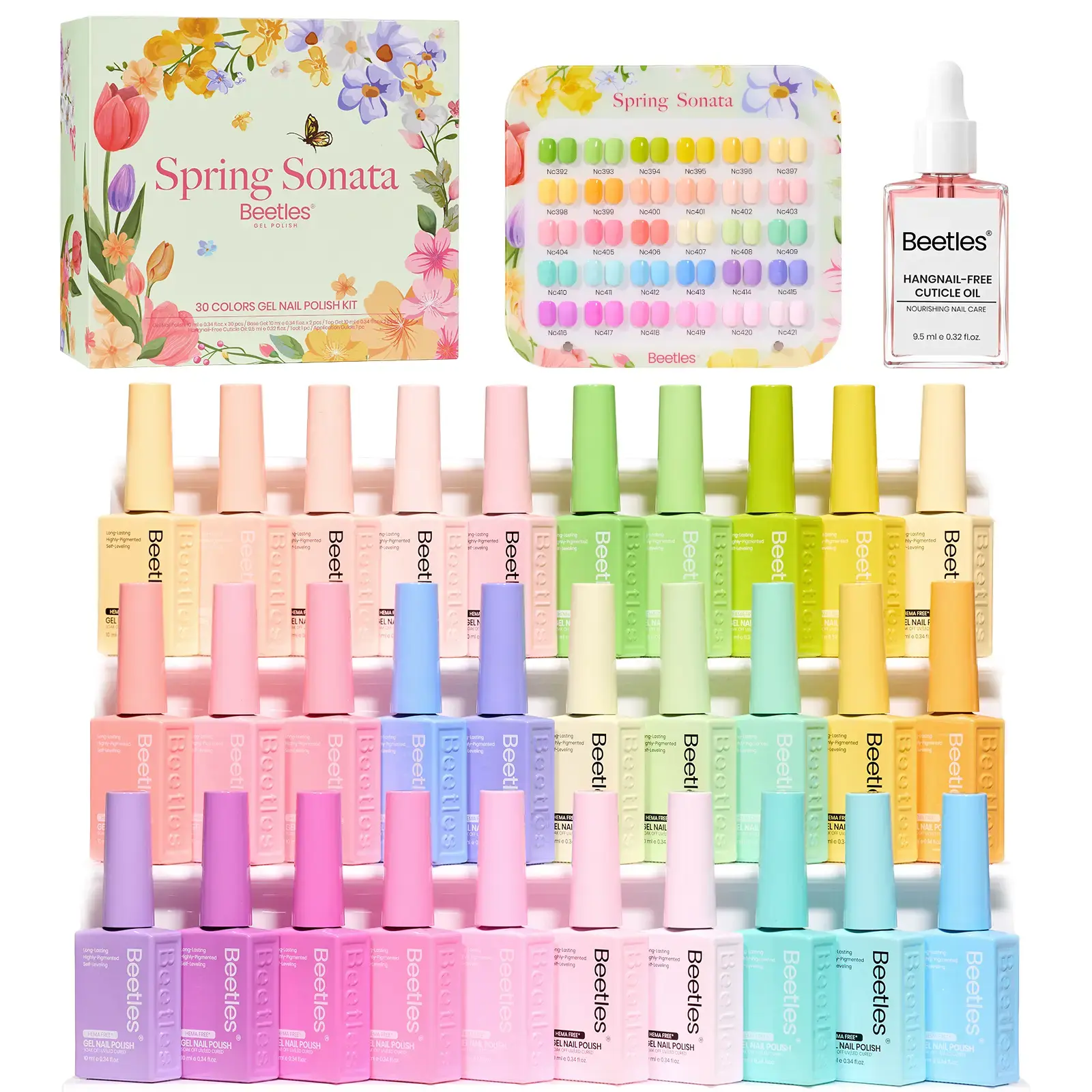 Beetles 30 Colors Gel Nail Polish Kit, HEMA-Free All-Season Gel Polish Set with Top Coat, Base Coat and Swatch Card, 10ml Each Soak-Off UV LED Gel Manicure Kit for Home and Salon