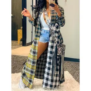 Women'S Casual Plaid Trench Coat, Polyester, Multicolor Patchwork, Button Detail, Fashion Outerwear