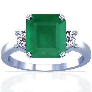Emerald Emerald Cut and Diamond Three Stone Ring - (14k White Gold)- R61851REEM