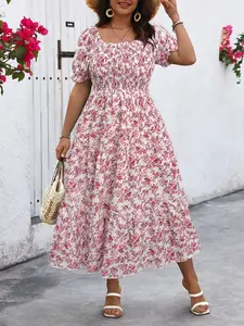 Plus Size French Square Neck Bubble Sleeve Ditsy Floral Dress, Summer Casual Wear Cinched Waist Slimming A-Line Cake Long Dress, Women's Fashion, Womenswear