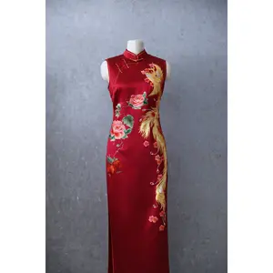 Wine Red Silk Qipao with Peony, Pomegranate & Phoenix Embroidery