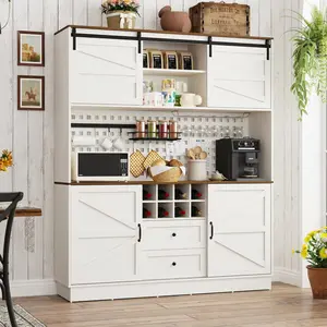 75” Kitchen Pantry Storage Cabinet, Farmhouse Kitchen Hutch Cabinet with Power Outlet, Large Coffee Bar Cupboard with Microwave Shelf & Wine Rack, 4 Doors & 2 Drawers, Dining Room, White