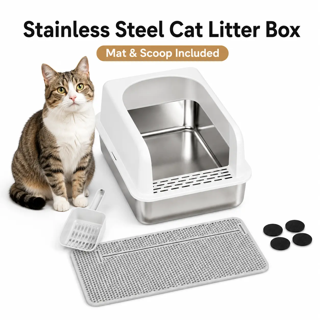 26L Stainless Steel Cat Litter Box with High-Sided Removable Cover, Open Entry Metal Litter Pan, Litter Mat, Scoop & Non-Slip Pads