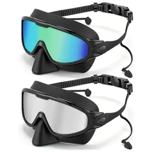 Adult Swimming Goggles with Nose Clip and Ear Plugs, Diving Swimming Goggles, Wide Vision Anti-Fog UV Protection, Leak-Proof Snorkel Mask for Men and Women, Water Goggles, Swim Glasses, Swim Goggles Set