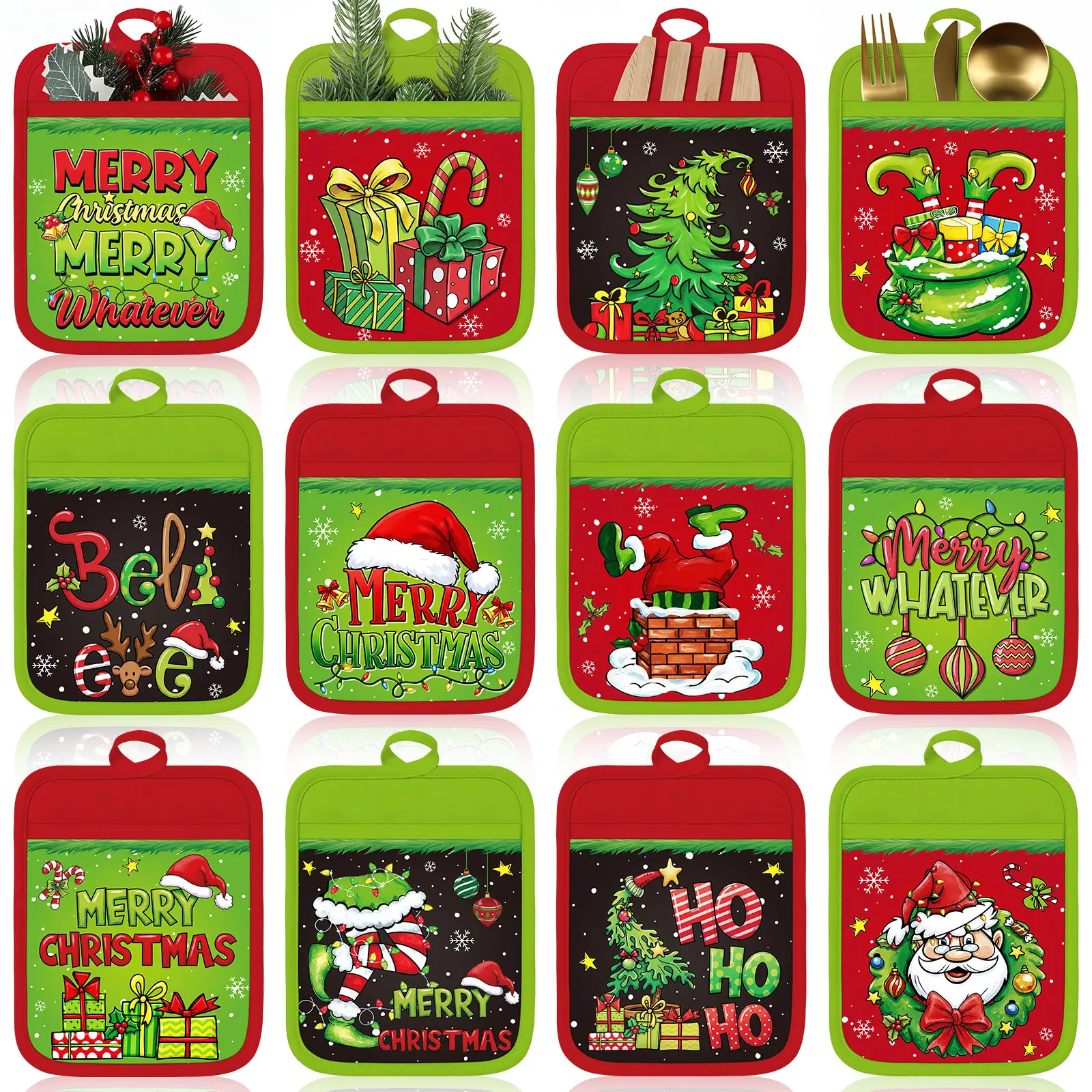 12 Pcs Naughty Christmas Pot Holders with Pocket Christmas Gifts Green Classic Kitchen Decor Reusable Heat Resistant Oven Mittens Insulation Pads for Xmas Teachers Staff Employees Kitchen Essentials Coworkers Bakeware Baking Cooking