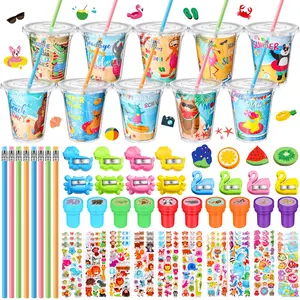24/30 Set End of Year Students Gift Bulk from Teacher Summer Party Favor Last Day of School Gift for Kids Pencil Sharpener Eraser Stamp Sticker Cards Cups with Lid Cute Class Gifts for Students Graduation School Classroom Prizes Class Exchange Gift Reward