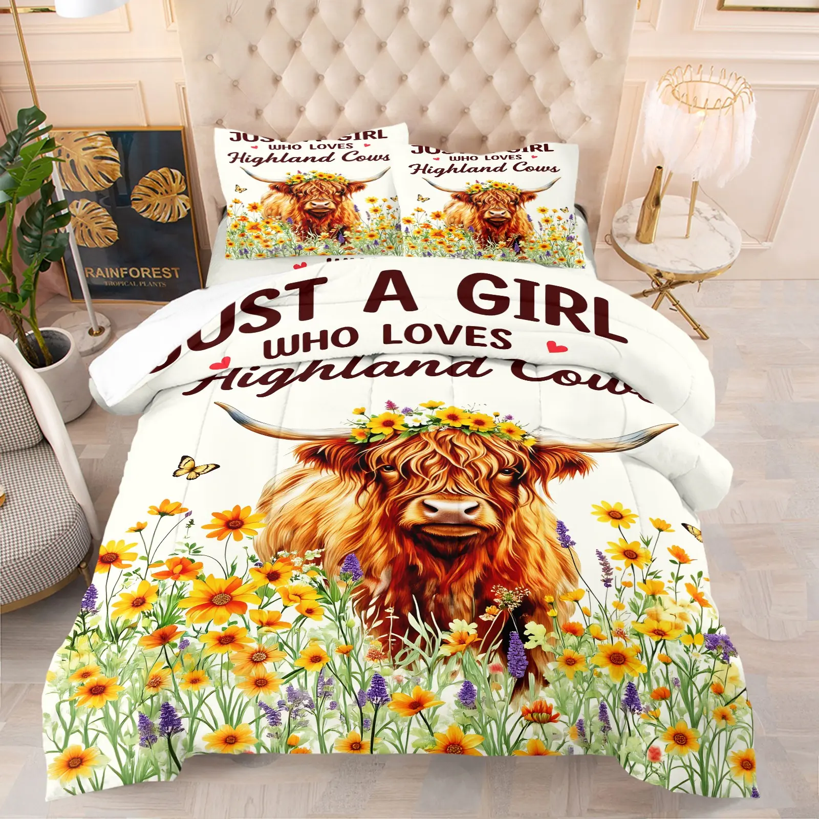 Just A Girl Who Loves Highland Cows Quilted Comforter Set, 1 Comforter + 1/2 Pillowcases, Soft & Comfortable Floral Cow Bedding for Girls Teens, Ideal for Bedroom, Dorm & Farmhouse Decor