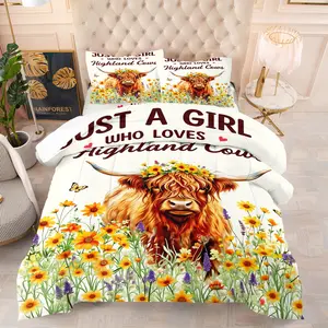 Just A Girl Who Loves Highland Cows Quilted Comforter Set, 1 Comforter + 1/2 Pillowcases, Soft & Comfortable Floral Cow Bedding for Girls Teens, Ideal for Bedroom, Dorm & Farmhouse Decor