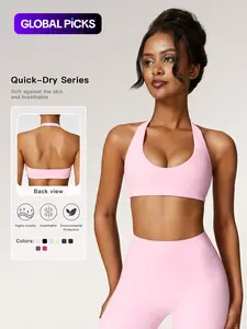 Women's Solid Wireless Halter Sports Bra, Breathable Comfortable High Stretch Sports Bra, Ladies Sportswear for Workout Gym Yoga, Strappy Workout Bra, Sporty Breathable Bras