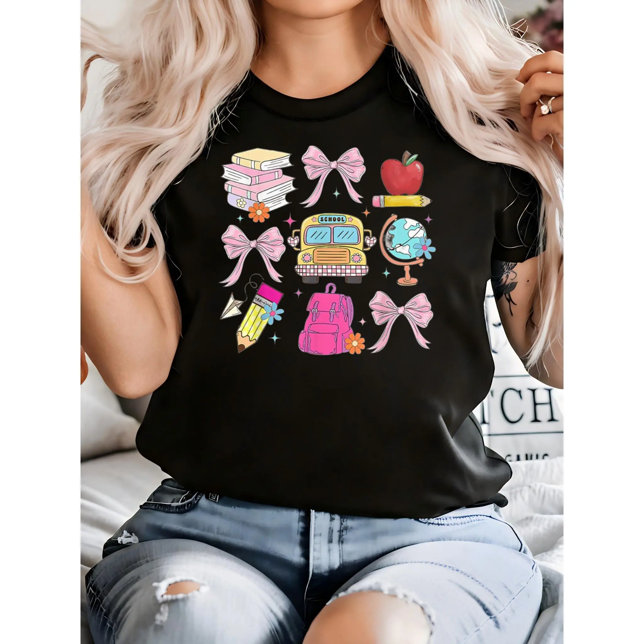 Women's Coquette Teacher T-Shirt, Casual 100% Cotton Graphic Print Top with a Round Neck and Short Sleeves for Back to School, Tshirt