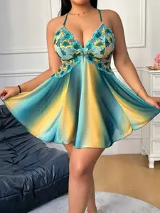 Plus Size Women's Mesh Backless Sleeveless Tank Nightgown, Embroidered Floral Rainbow Gradient Print, Sexy Summer Homewear Nightwear Loungewear, Comfortable Fitted Fashion Design, Floral Sleepwear