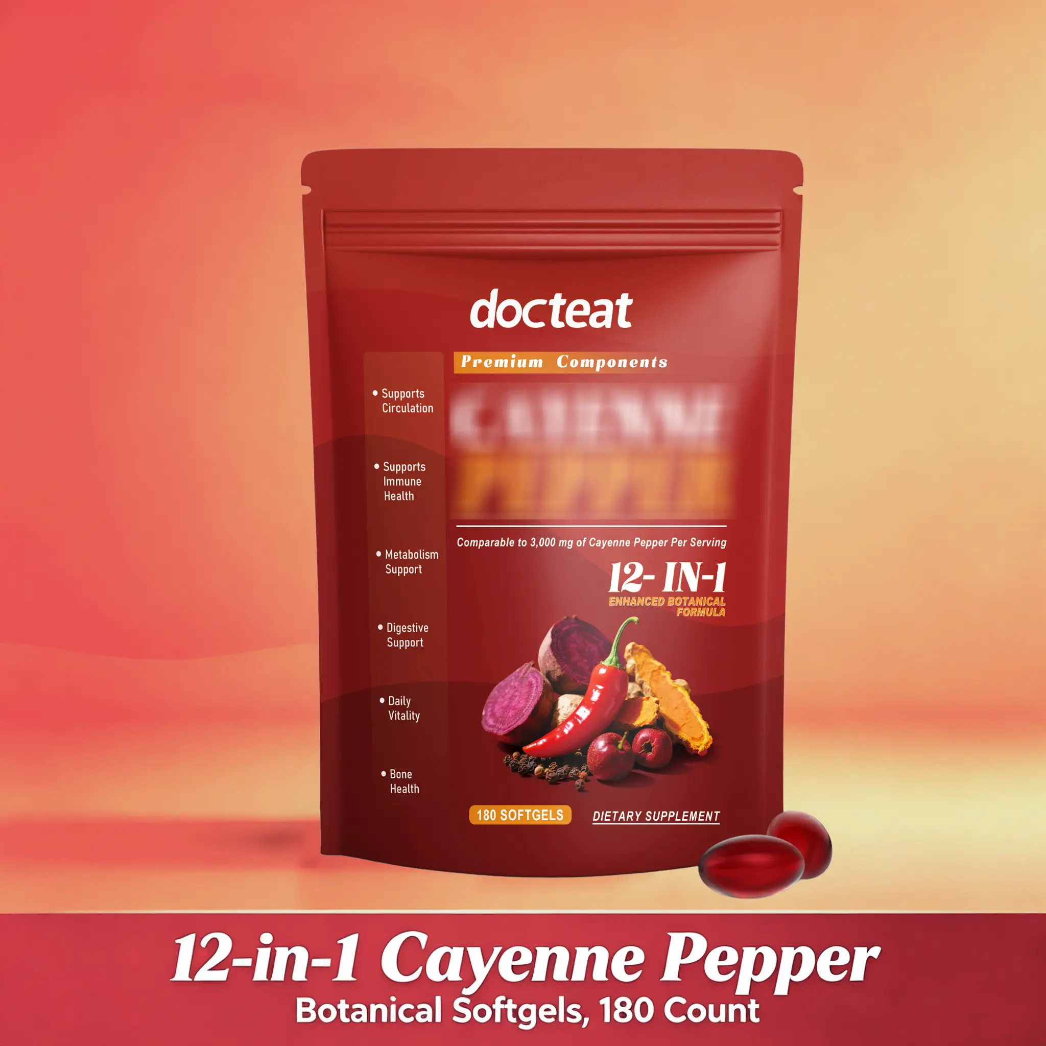 180 Softgels Cayenne Pepper Supplement, 12-in-1 Botanical Formula with Beetroot, Turmeric & Vitamins, Daily Dietary Supplement for Circulatory Health, Metabolism & Everyday Vitality