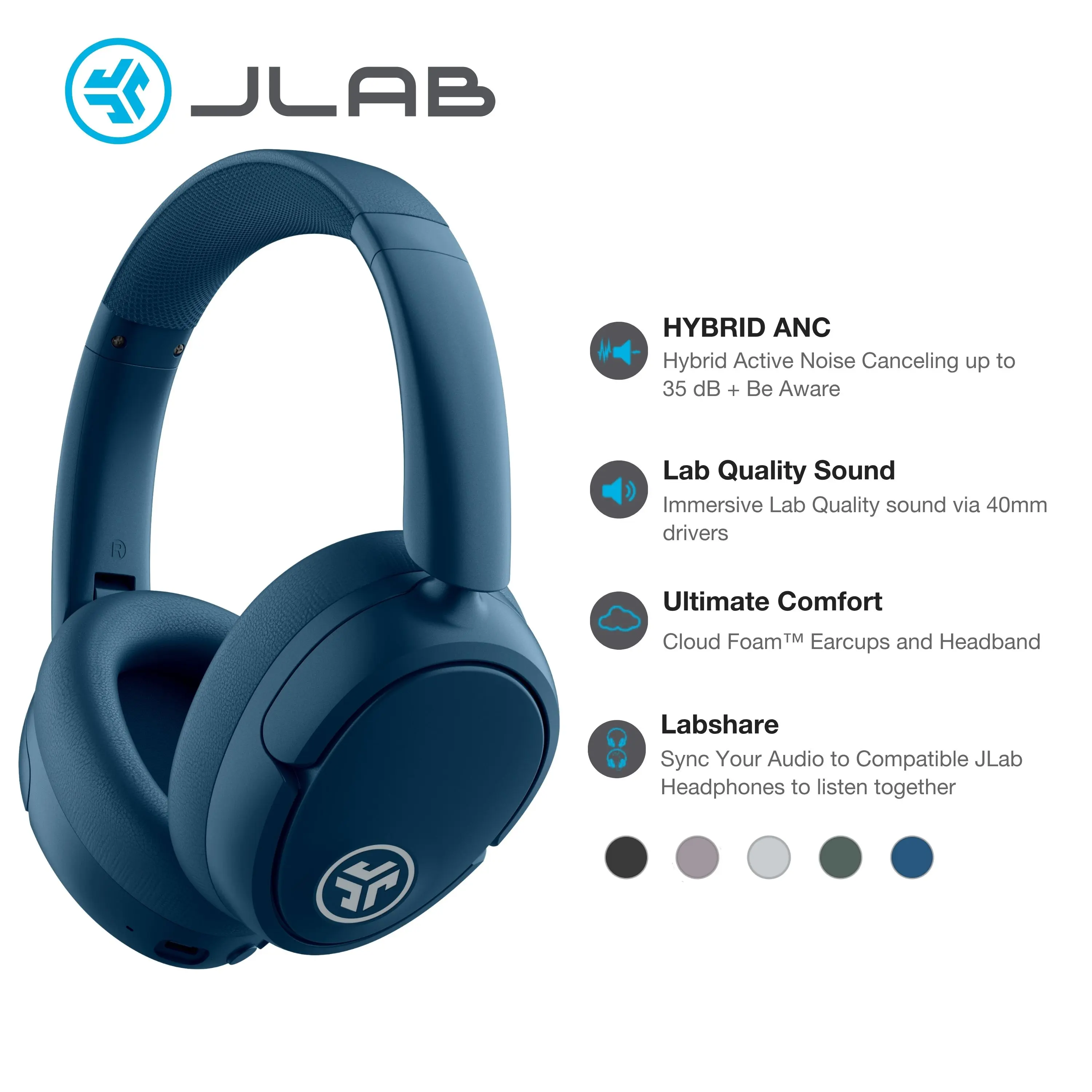JLab JBuds Lux ANC Wireless Bluetooth Noise Cancelling Headphones with Mics, Adjustable Over-Ear Design, Custom EQ, Be Aware Safety Mode, Foldable, Wired Charging Cable, Compatible with iPhone/Android Devices (Tools and Gadgets, Mens Gifts)