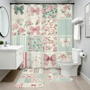 1pc/4pcs Retro Polyester Waterproof Bow Floral Shower Curtain Sets, Cute Flower & Green Leaf Botanical Design, Girly Elegant Style with Hooks, Non-Slip U-Shaped Toilet Cover, Bathroom Decoration Accessories