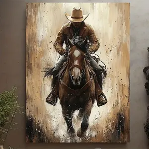 A canvas painting depicting a cowboy riding a horse, set against a dynamic wilderness scene with flying dust, framed in wood, is perfect for western-themed decor, western home decoration | Vivid canvas prints | Textured Artwork, Western Home Decorations