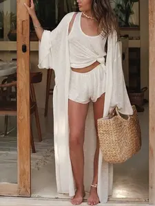 Women's Sheer Fabric Vest Jacket Shorts Set, Elegant Three-Piece, Loose-Fitting Design, Plain Pattern, Perfect for Casual Wear