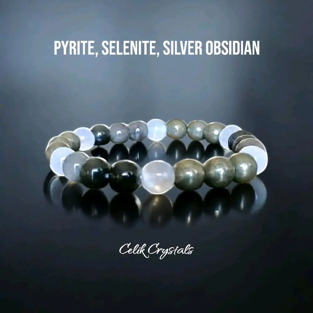 Natural Crystal Bracelet with Pyrite, Silver Obsidian & Selenite, 8mm Stretchy Beaded Design for Men & Women, Intuitively Chosen Stones for Triple Protection, Intuitively Chosen Crystals, Adults, Helps Deflect Negativity, 6.5 To 8.5 Inches, Celik Crystals