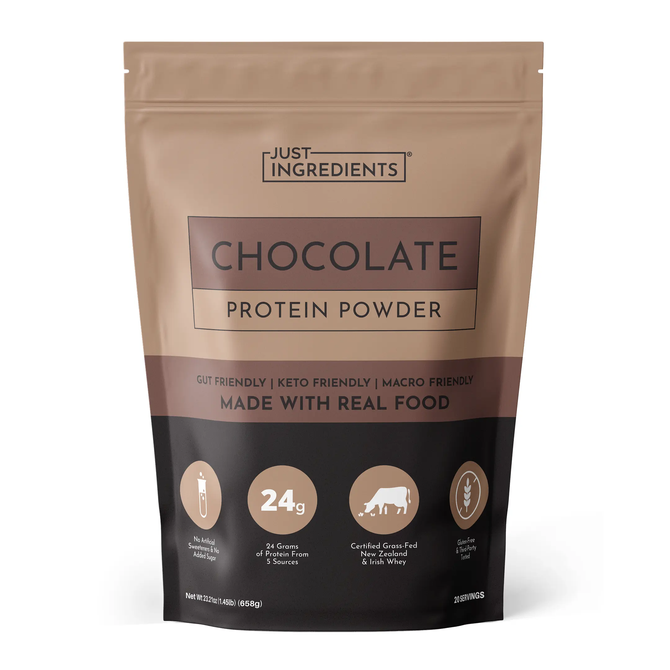 Just Ingredients Chocolate Protein Powder – 20-Serving Blend with 100% Grass-Fed Whey & Organic Plant Proteins – Rich Cocoa Flavor – Supports Muscle Recovery, Energy*