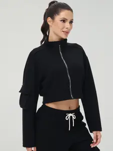 Women's Cropped Full Zip Jacket - Stand Collar Fleece Top with Cargo Pockets | Business Casual Lounge Wear, Lightweight Athletic Outerwear for Autumn Winter