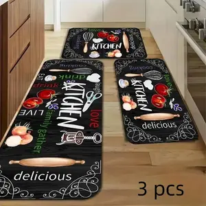 Food Letter Kitchen Utensils Pattern Kitchen Mat, 3pcs/set Kitchen Floor Mat, Non-slip Kitchen Rug, Kitchen Decor Mat, Home Decor, Kitchen Accessories