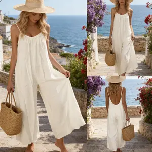 JovenPara Women's Open Back Sleeveless Spaghetti Strap Wide Leg Casual Overalls, Loose Summer Jumpsuits with Pockets