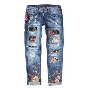 【Valentine's Day】 2026 Floral Print Regular Straight Jeans Washed Mid Waist Street Style Blue Women's Jeans