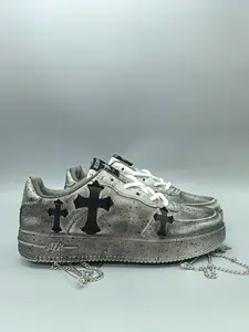 Men's Vintage Metal Chain Cross Sneakers,Size Up by One Size Recommended， Trendy Comfortable Versatile Dark Style, Perfect for Daily and Fashion Scenes