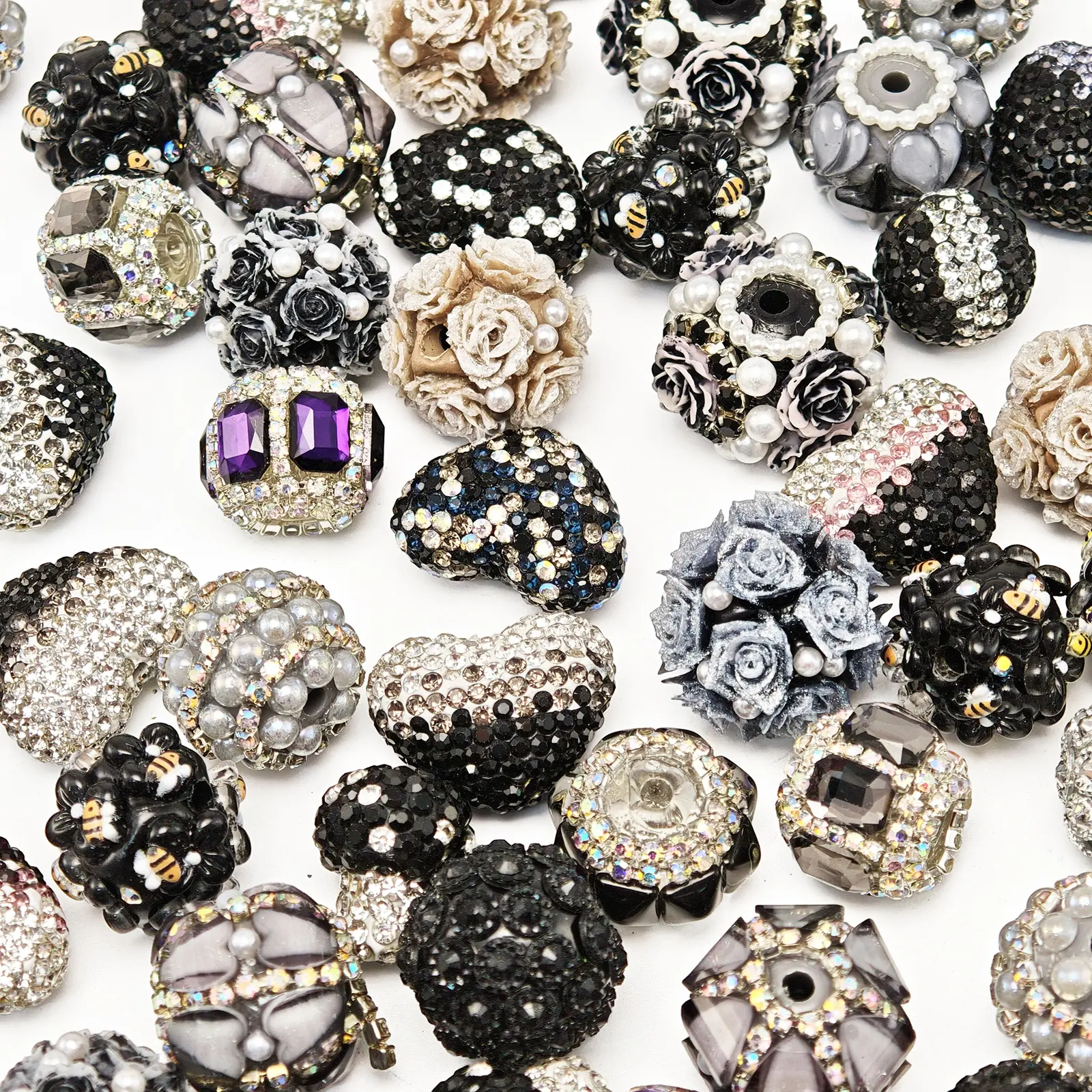 10 PCS Dark Style Flower & Rhinestone Resin Beads, Vintage Rose Heart Straight Hole Loose Beads, Handmade DIY Craft Beads for Bracelet Necklace Pen Decor Making & Halloween Christmas Decor