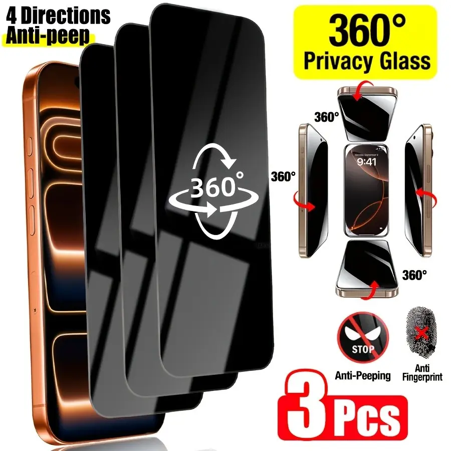 3pcs 4 Way, 360 Degree, Privacy, Protective Screen Protector, Cellphone, Compatible with iPhone 17 Pro Max [6.9 Inch], 17 Pro/17 Air/16 ProMax/15 Pro Max/14 Plus/13 Pro Max, Full Coverage Anti Scratch Anti Spy Durable Tempered Glass Film Accessories