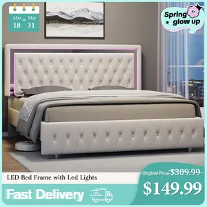 [Spring Sale] AMERLIFE LED Bed Frame with Led Lights Adjustable Headboard Velvet Button Tufted/Acrylic Mirror Accents, No Box Spring Needed/Christmas Gift,Best Gift Ideas/Christmas Gifts