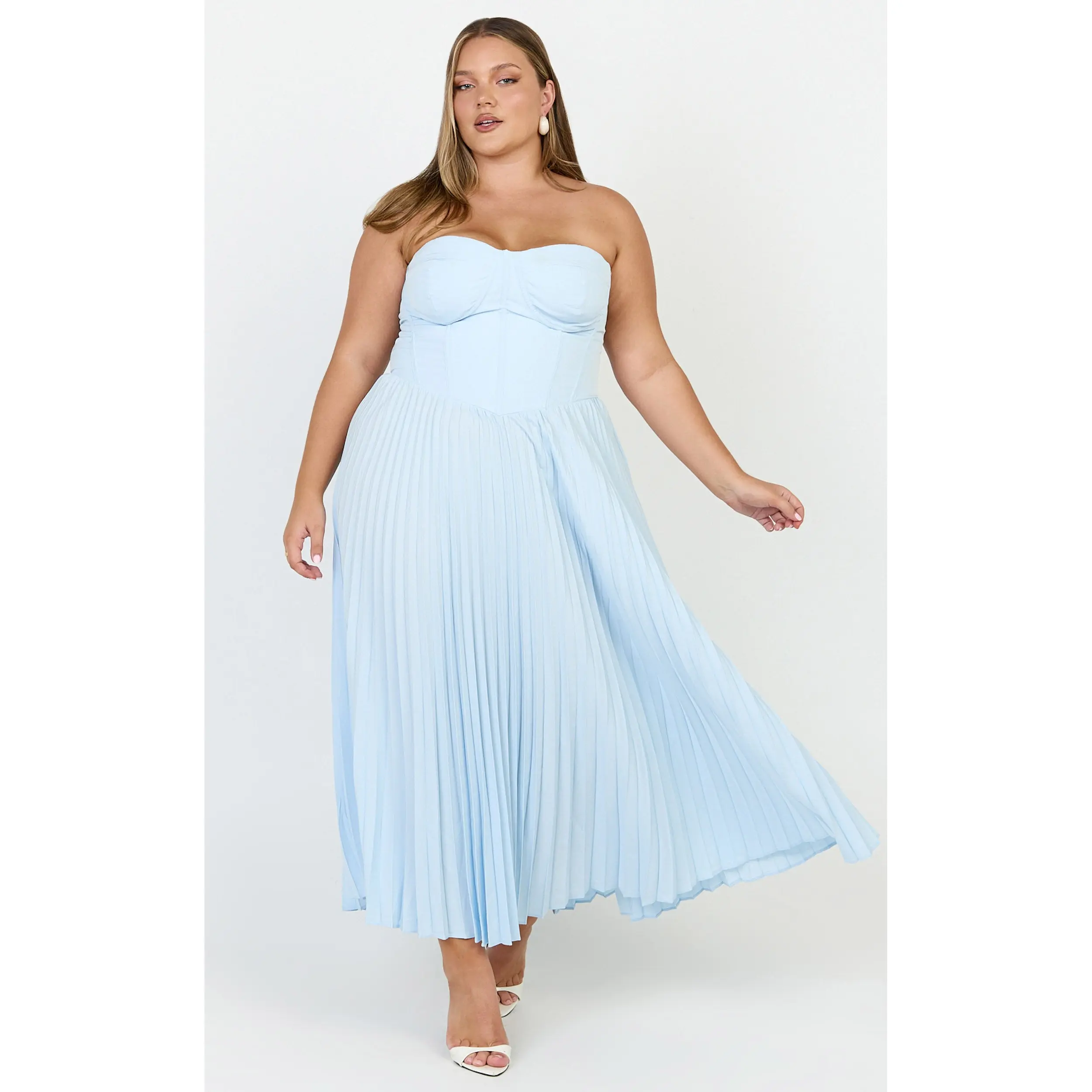 Loretta Midi Dress - Lace Up Back Bustier Pleated Dress in Light