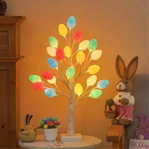 Easter LED Egg Birch Tree Decorative Lights 24 LED Dual Power (Battery & USB) with Timer Cracked Colorful Eggshell Simulation Birch Branches Indoor Outdoor Garden Living Room Birthday Party Holiday Ornaments Battery Powered Ornament
