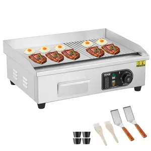 VEVOR Commercial Electric Griddle, 1600W Countertop Half-Flat Top Grill, 122 ℉ -572 ℉   Adjustable Temp, 21.26x11.81x0.39in Stainless Steel Griddle Grill with 2 Shovels and 2 Brushes for Home or Restaurant
