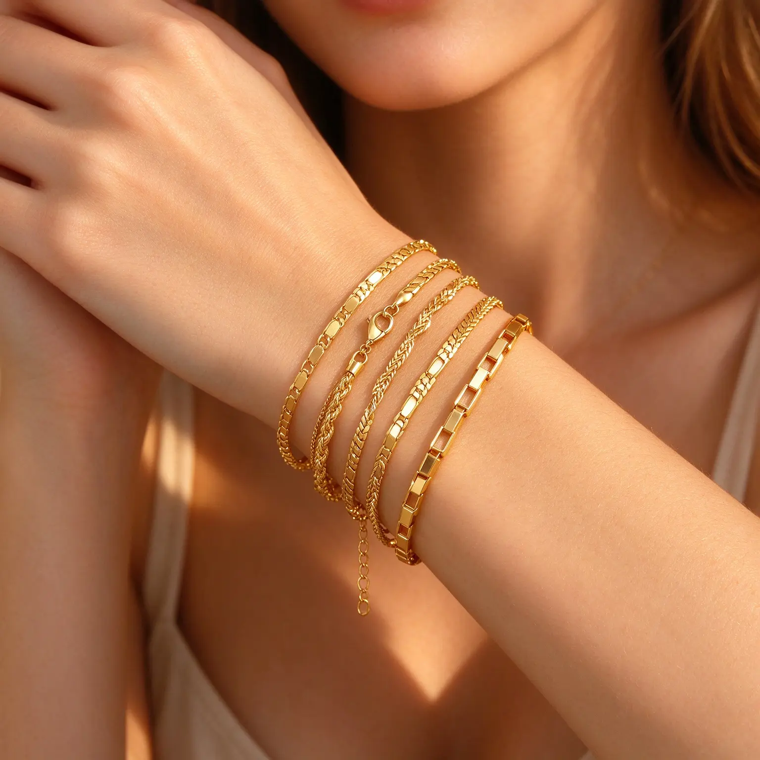 Unisex 18K Gold-Plated Stackable Bracelet Set (5-Piece), Tarnish Proof Jewelry, Waterproof Stainless Steel Chains - Cuban, Rope, Twist, Flat, Rectangle Links, Adjustable Extension, Wrist Jewelry Gift for Men & Women