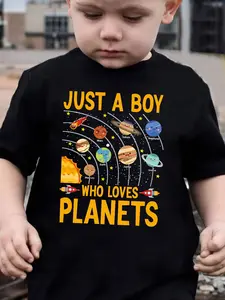 PUEMCO Kid-Friendly Boys' Cotton T-Shirt - Soft Short-Sleeve Character-Themed Graphic Top with Solar System Planets Slogan, Graphic Boys' T-Shirts, Kid-Friendly Boys' T-Shirts