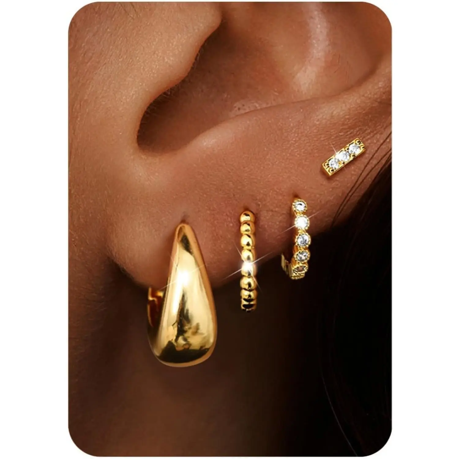Milacolato Women's 4-Pair Small Chunky Hoop Earrings Set - 14 Karat Metal Coated Stainless Steel, Non-Tarnish Gold Silver Hypoallergenic Flat Back Snug Fit Huggies, Gold CZ Stud Earrings Stack, Jewelry Stack for Multiple Piercings, Mother's Day Gifts
