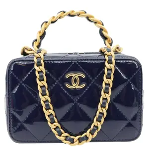Pre-owned CHANEL Leather Shoulder Bags Woven Chain Vanity Case Mini Patent Top Handle Shoulder Bag Blue