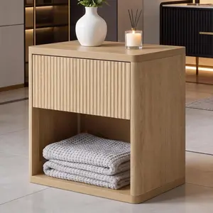 Yechen 23" W Fluted Nightstand with Hidden Drawer and Open Shelf, Mid Century Modern Bedside Table with Curved Profile, Wood Accent End Table for Bedroom, (Natural Oak, White Oak, Black)